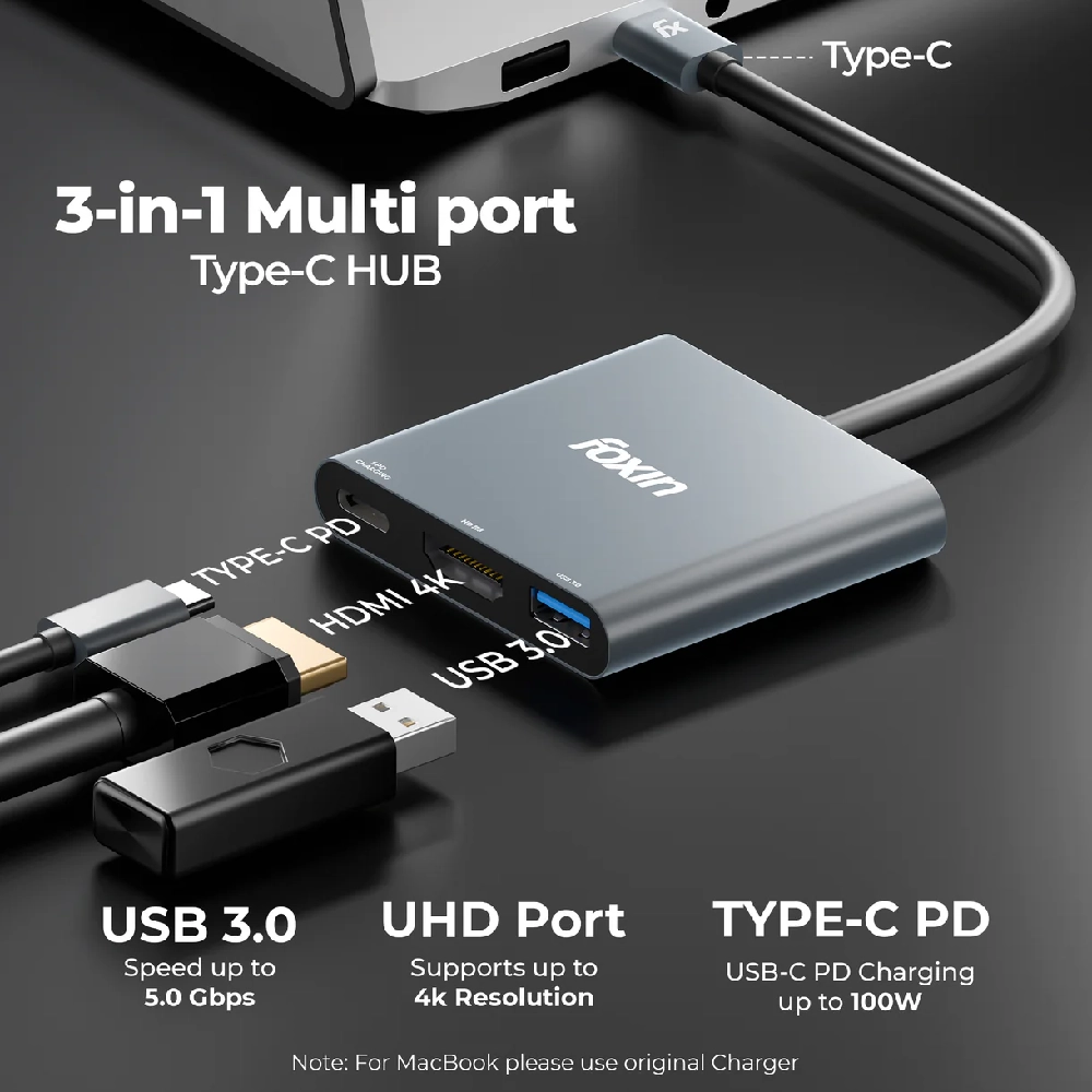 Foxin Type-C Hub 3 in 1 (HDMI | USB 3.0 | PD) C-HUB view 3